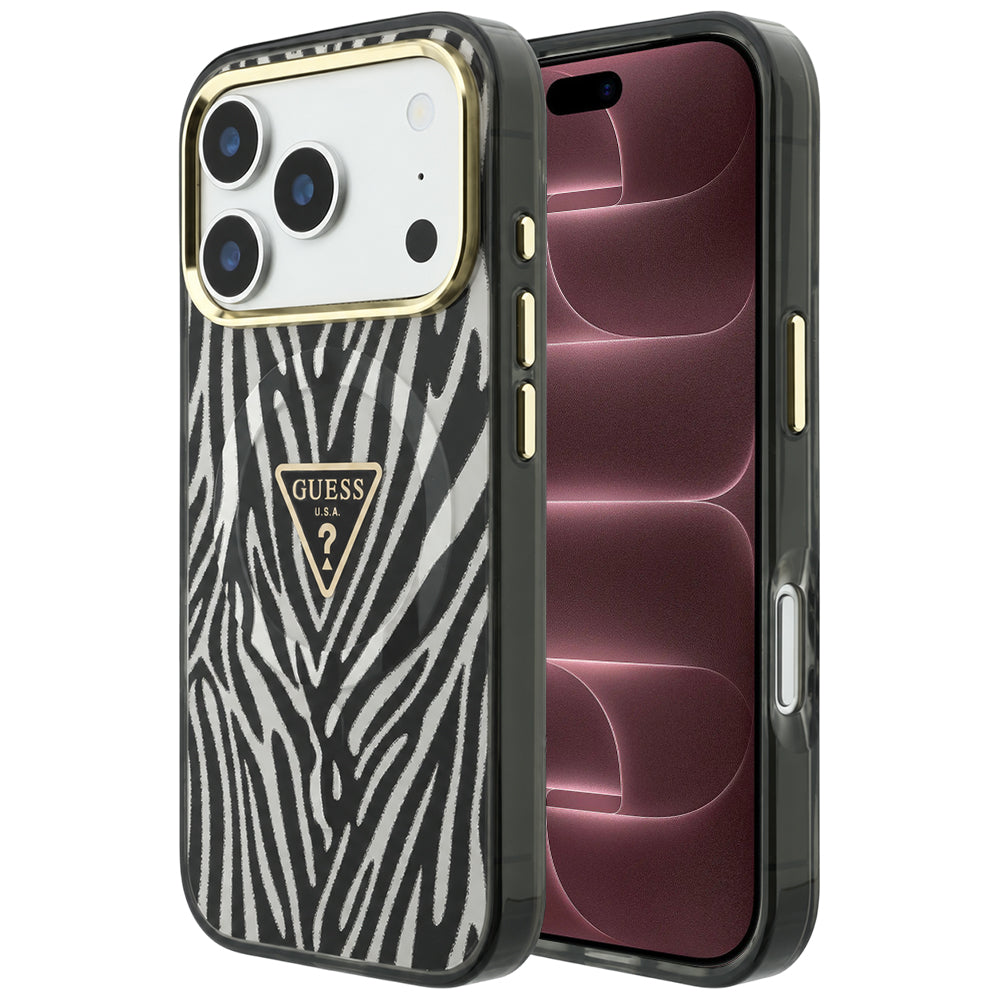 Husă Guess Zebra Glitter Triangle Logo MagSafe pentru iPhone 17 Pro Max – negru / argintiu — imagine 1