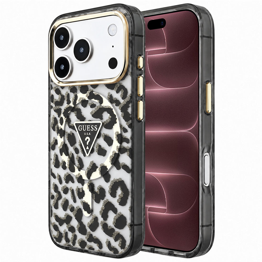 Husă Guess Leopard Glitter Triangle Logo MagSafe pentru iPhone 17 Pro Max – negru — imagine 1