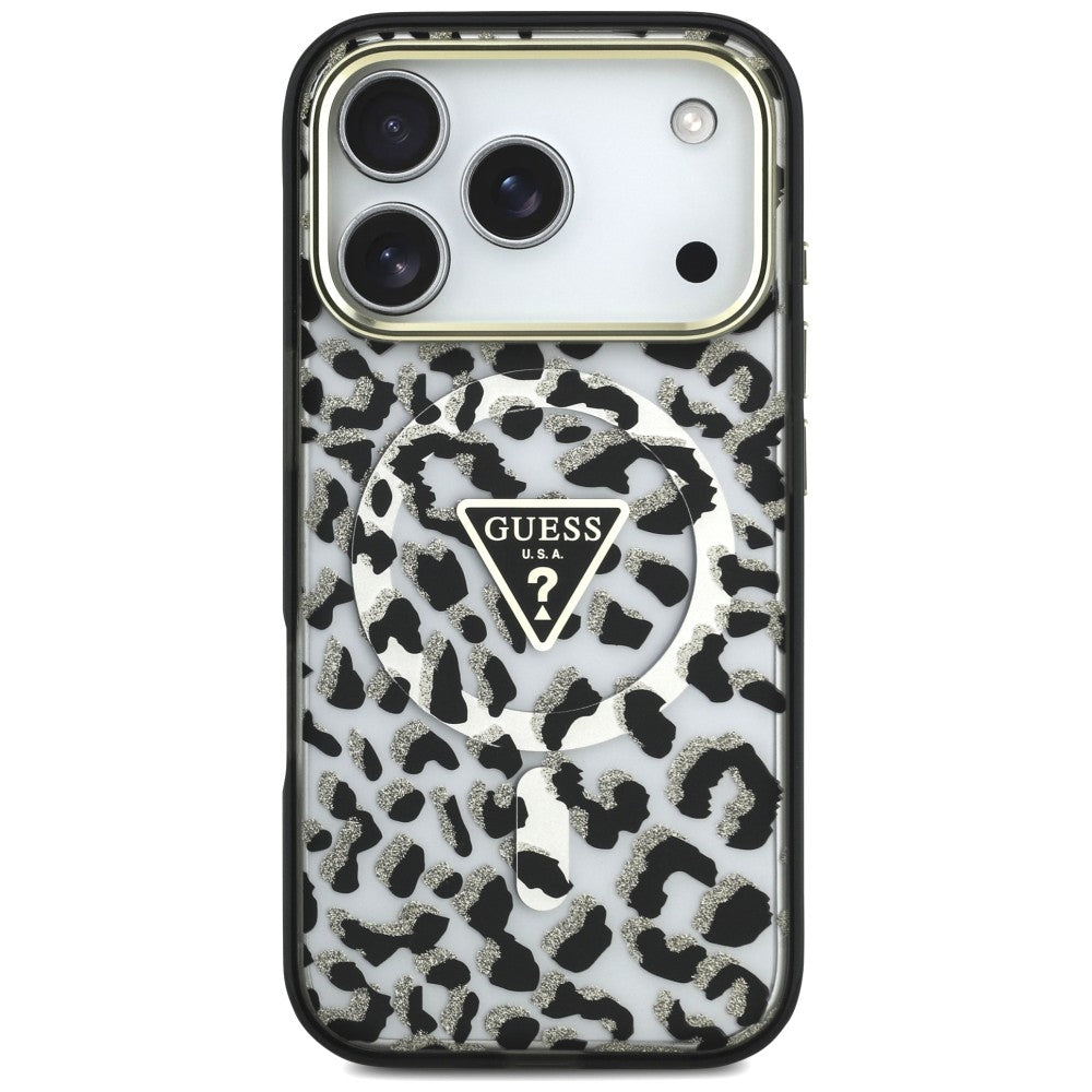 Husă Guess Leopard Glitter Triangle Logo MagSafe pentru iPhone 17 Pro Max – negru — imagine 2