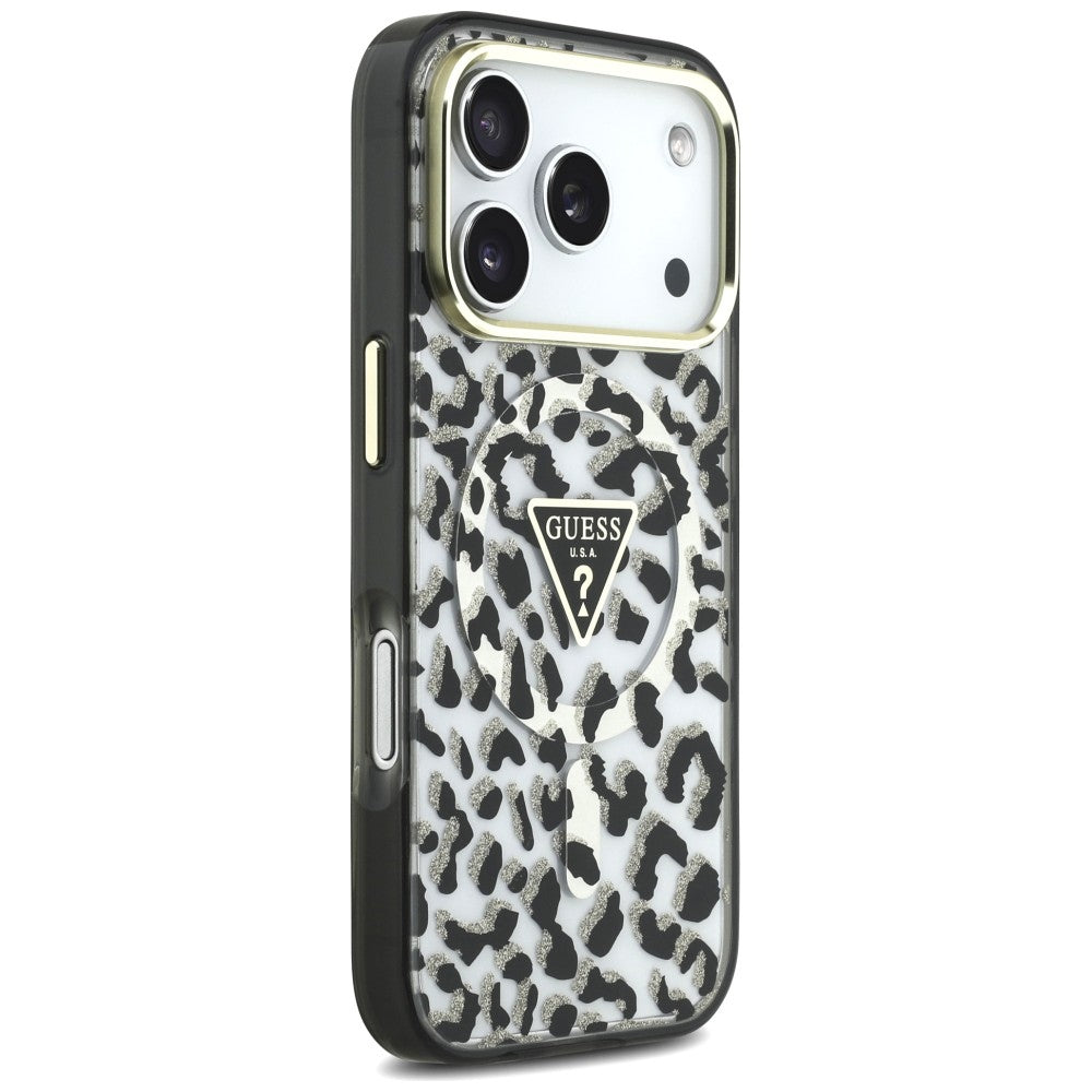 Husă Guess Leopard Glitter Triangle Logo MagSafe pentru iPhone 17 Pro Max – negru — imagine 3