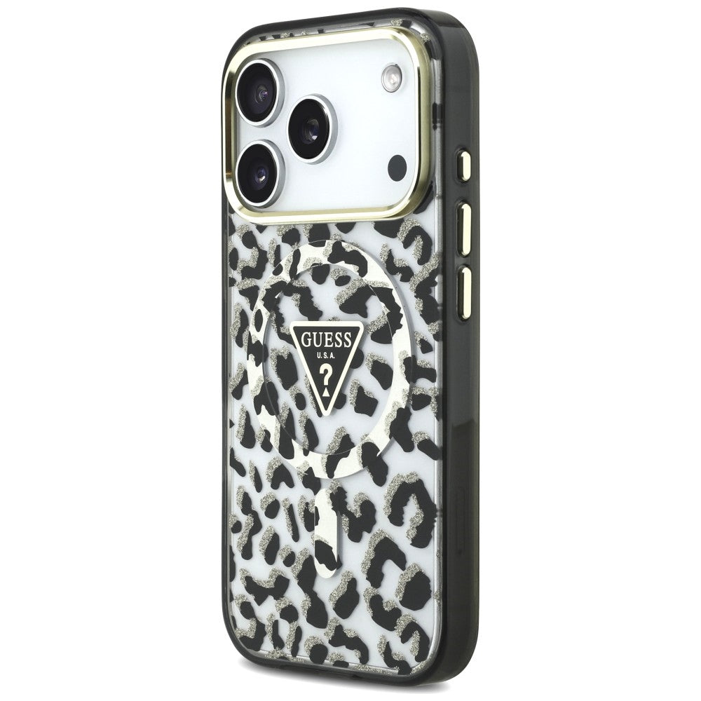 Husă Guess Leopard Glitter Triangle Logo MagSafe pentru iPhone 17 Pro Max – negru — imagine 4