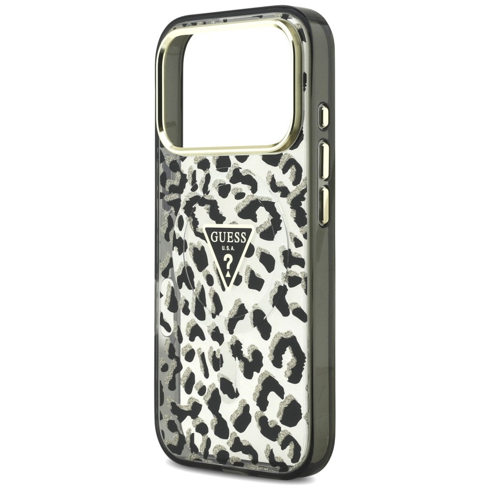 Husă Guess Leopard Glitter Triangle Logo MagSafe pentru iPhone 17 Pro Max – negru — imagine 5
