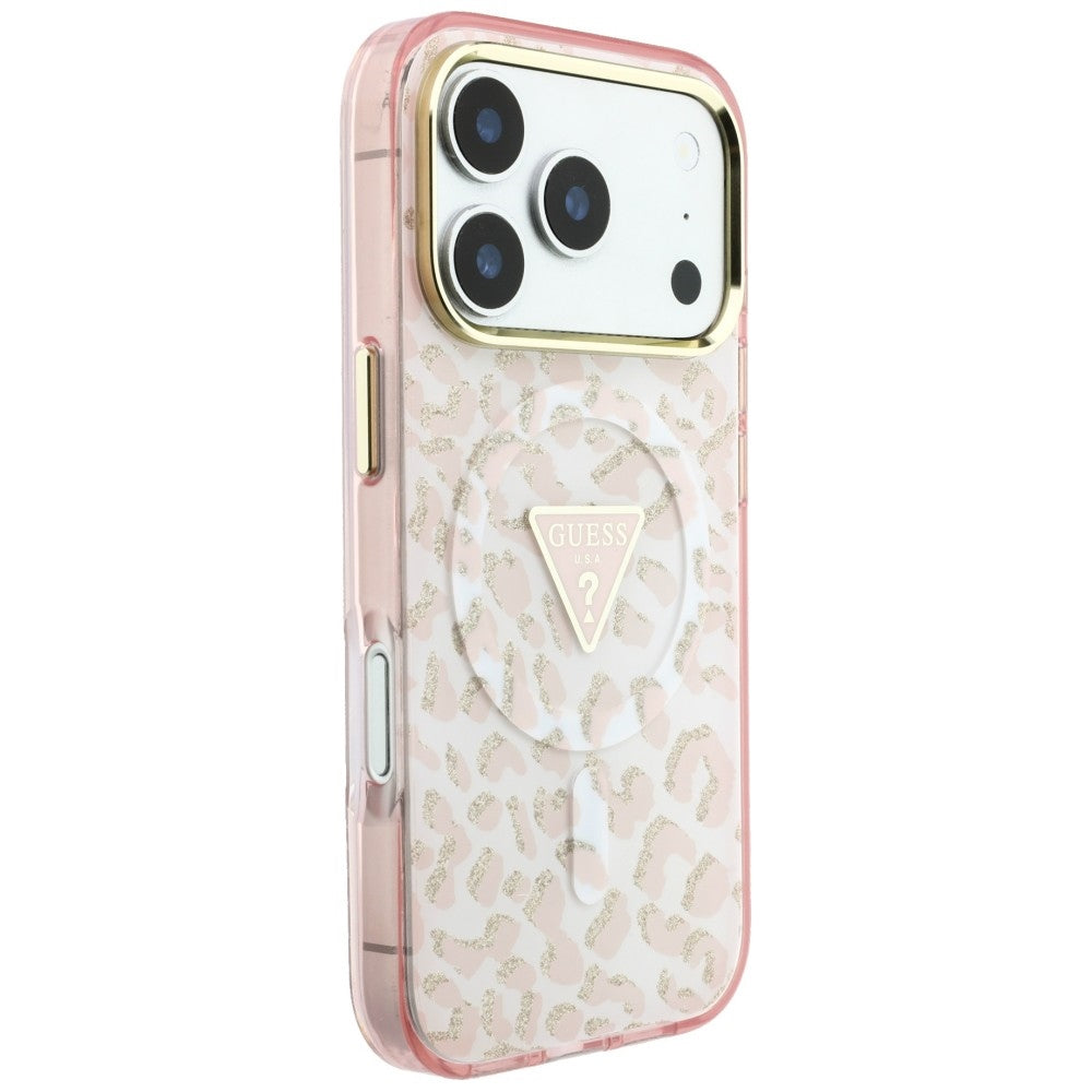 Husă Guess Leopard Glitter Triangle Logo MagSafe pentru iPhone 17 Pro Max – roz — imagine 3