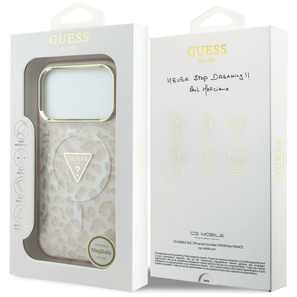 Husă Guess Leopard Glitter Triangle Logo MagSafe pentru iPhone 17 Pro Max – roz — imagine 7