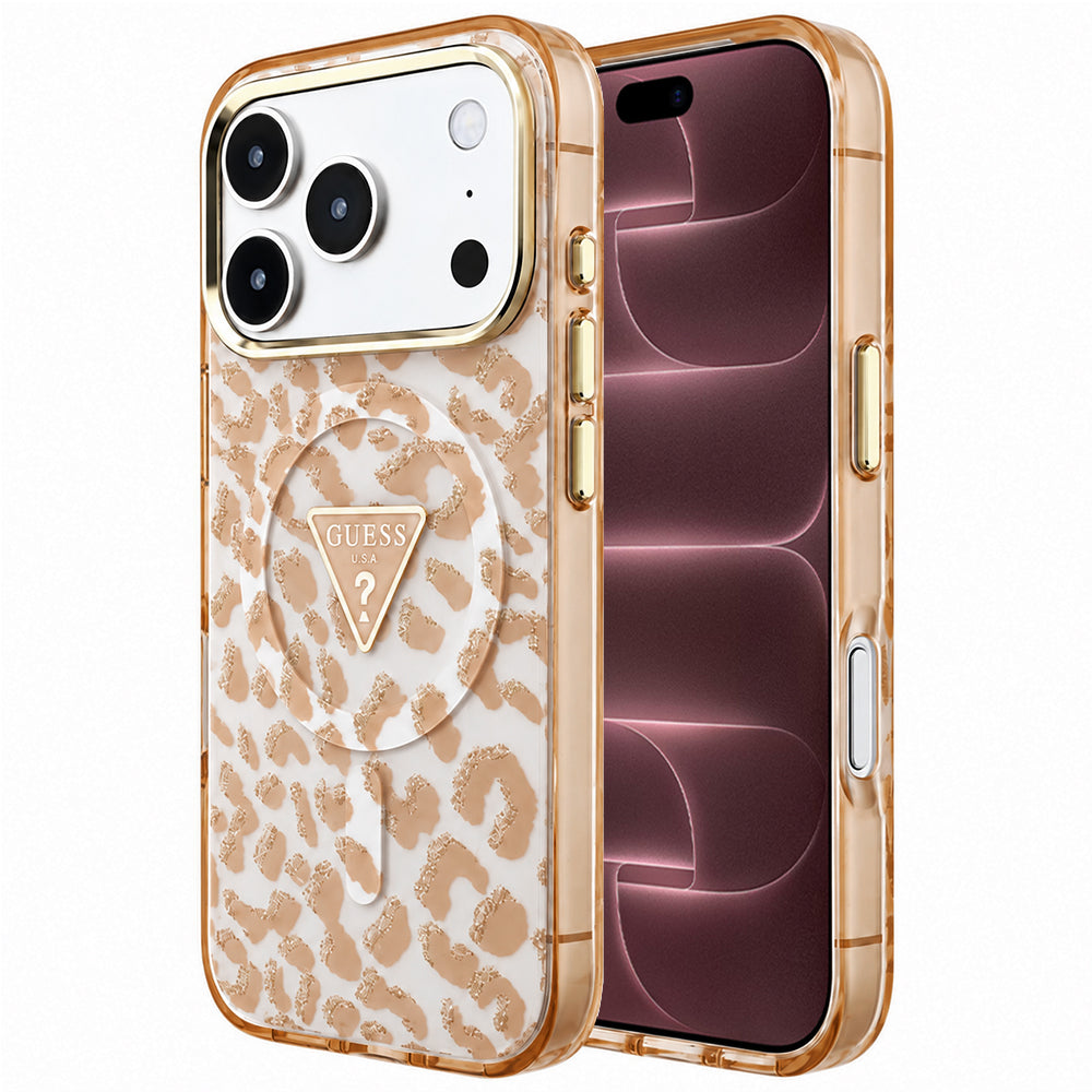 Husă Guess Leopard Glitter Triangle Logo MagSafe pentru iPhone 17 Pro Max – maro — imagine 1