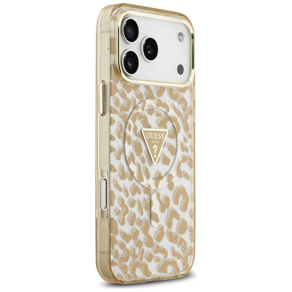 Husă Guess Leopard Glitter Triangle Logo MagSafe pentru iPhone 17 Pro Max – maro — imagine 3