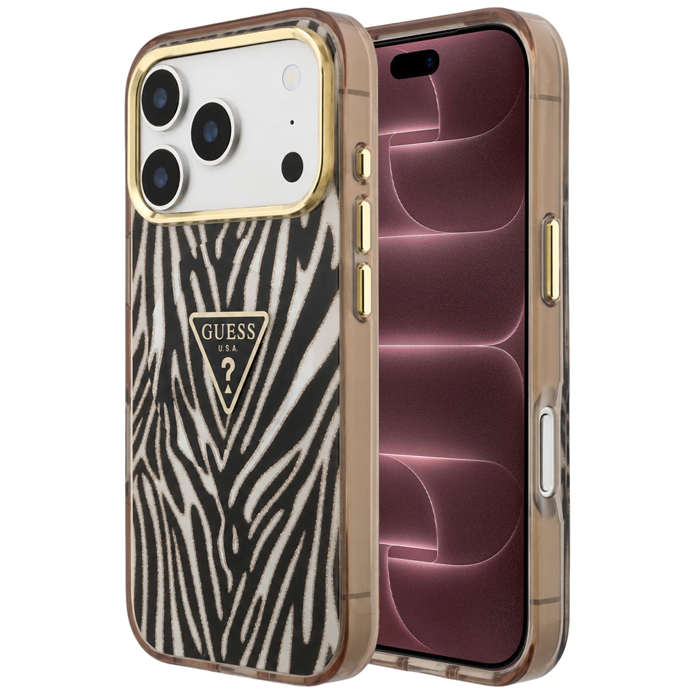 Husă Guess Zebra Glitter Triangle Logo MagSafe pentru iPhone 17 Pro Max – negru / auriu — imagine 1
