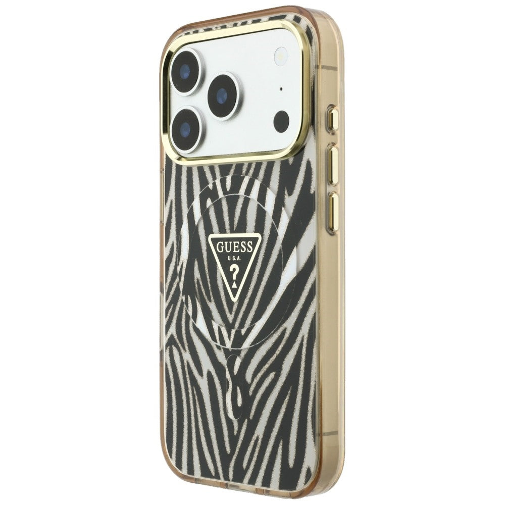 Husă Guess Zebra Glitter Triangle Logo MagSafe pentru iPhone 17 Pro Max – negru / auriu — imagine 2