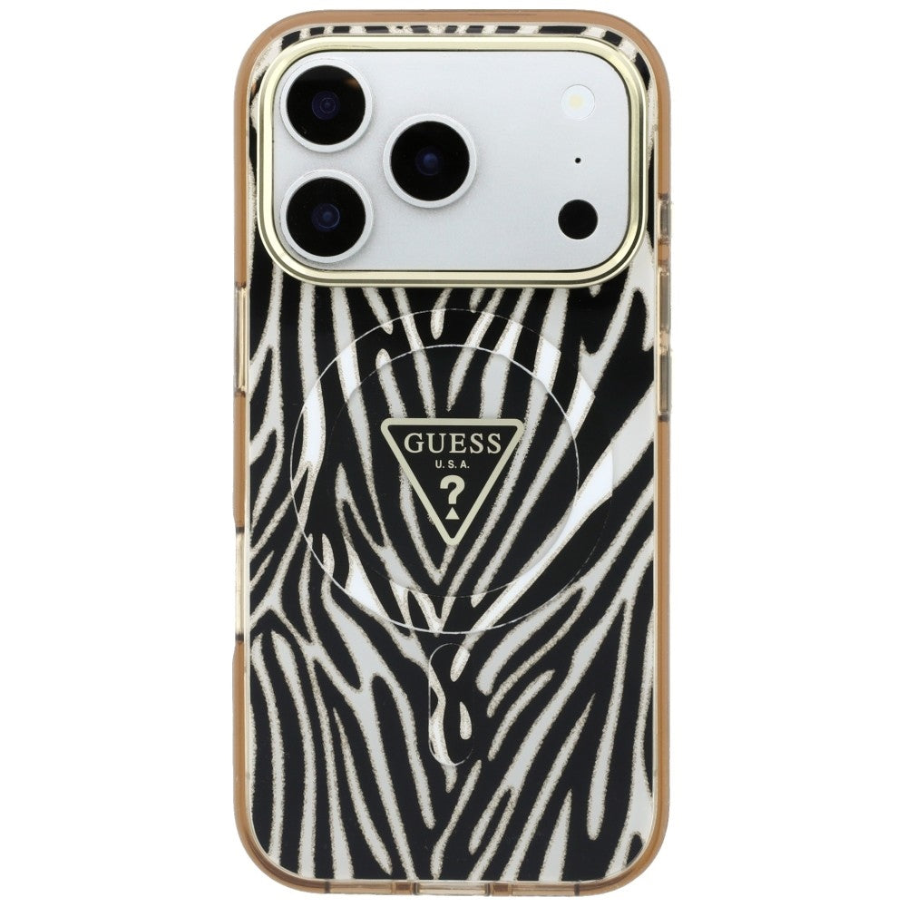 Husă Guess Zebra Glitter Triangle Logo MagSafe pentru iPhone 17 Pro Max – negru / auriu — imagine 3