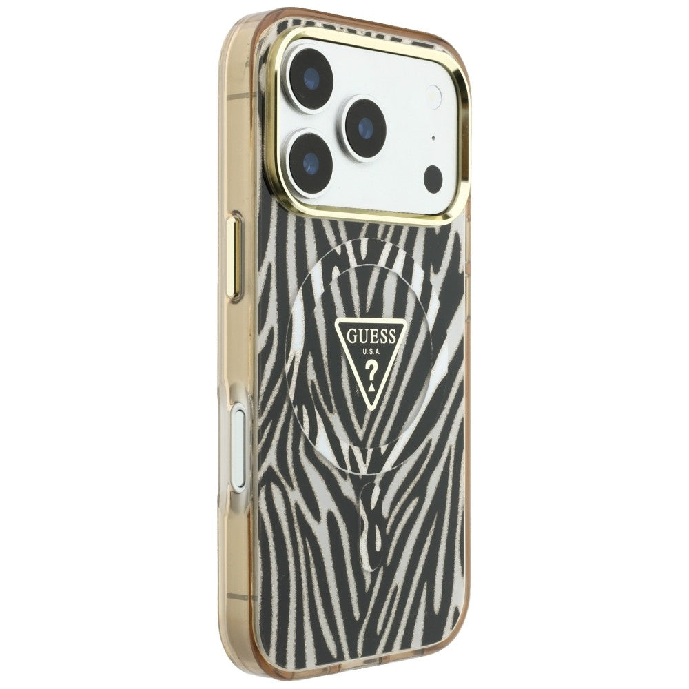 Husă Guess Zebra Glitter Triangle Logo MagSafe pentru iPhone 17 Pro Max – negru / auriu — imagine 4