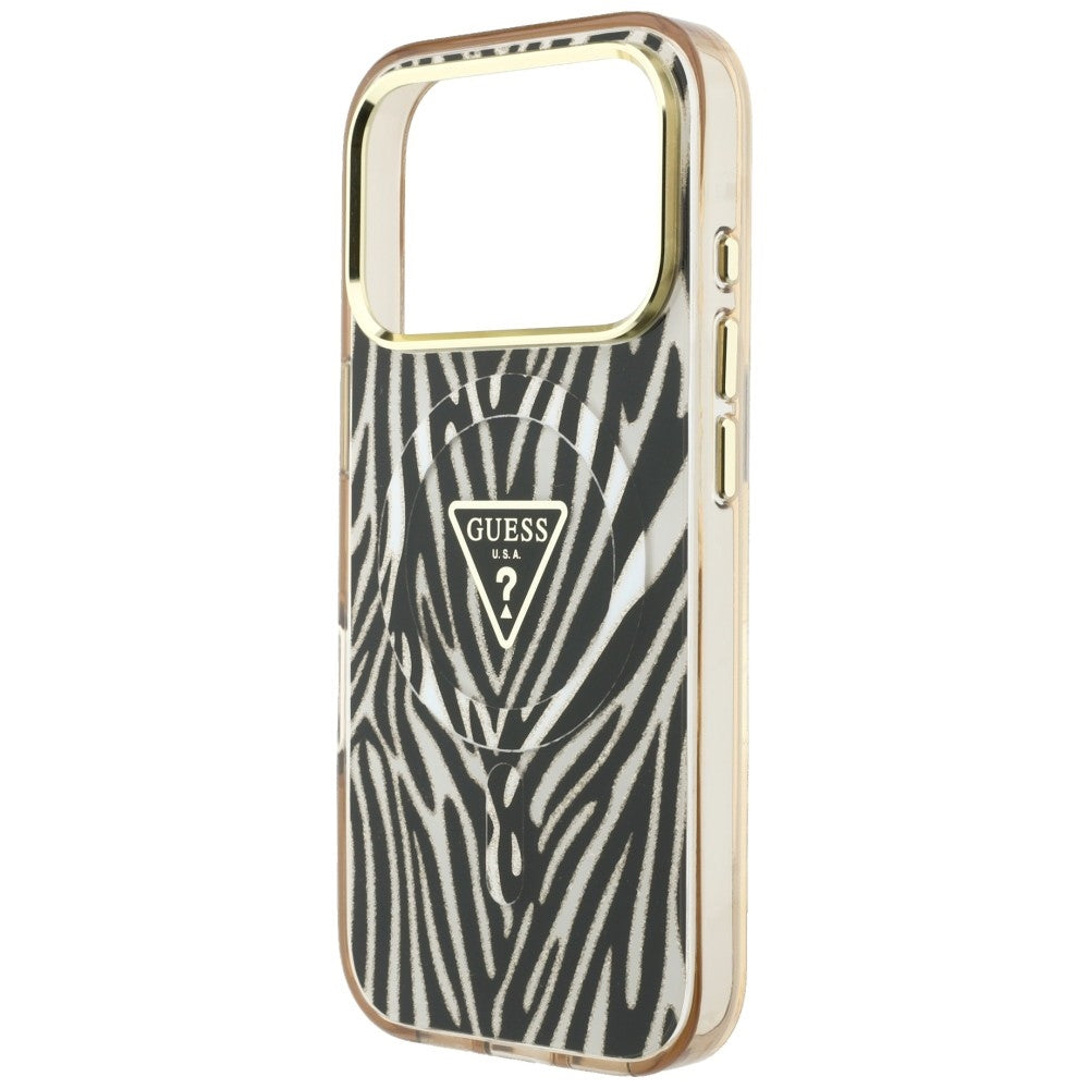 Husă Guess Zebra Glitter Triangle Logo MagSafe pentru iPhone 17 Pro Max – negru / auriu — imagine 5