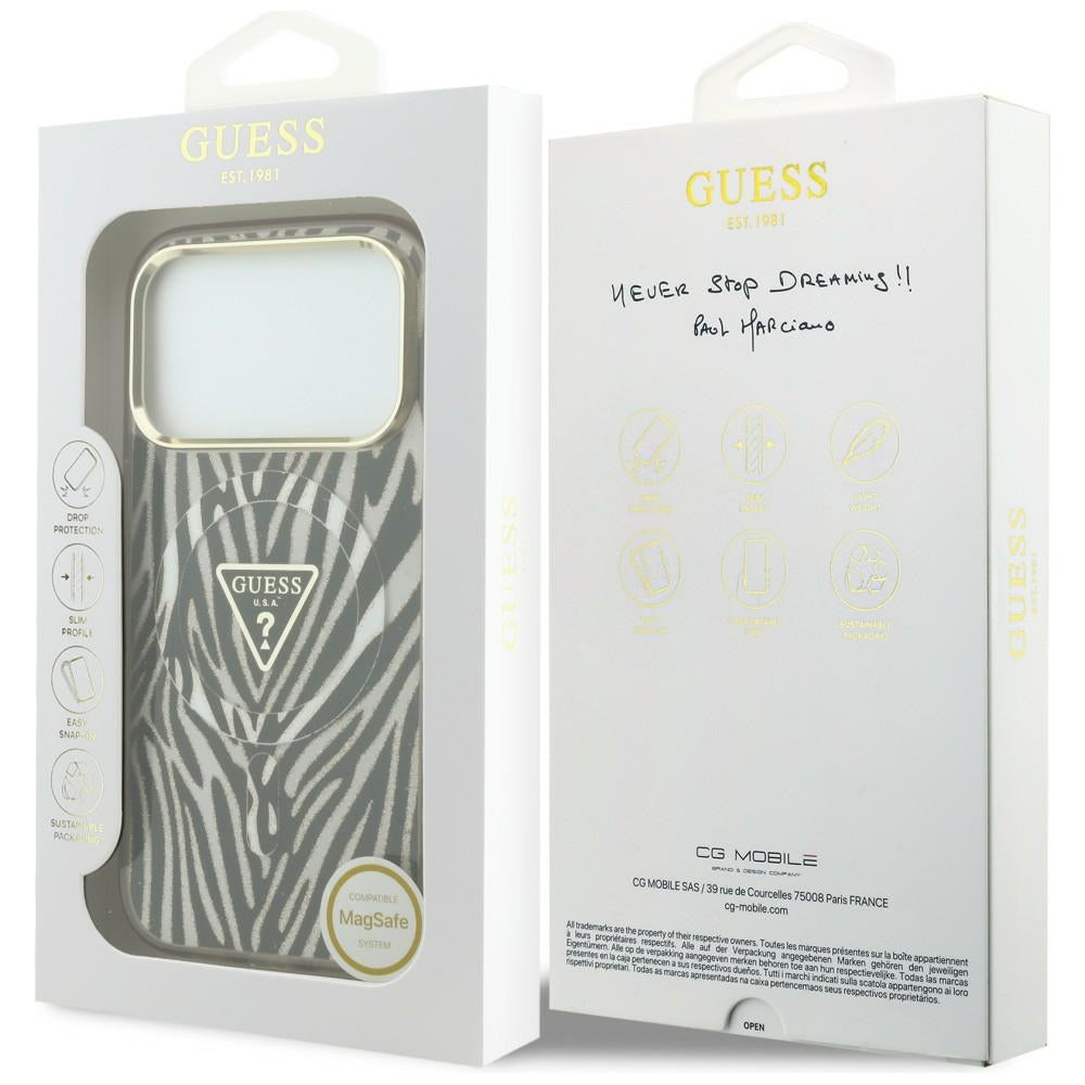 Husă Guess Zebra Glitter Triangle Logo MagSafe pentru iPhone 17 Pro Max – negru / auriu — imagine 7