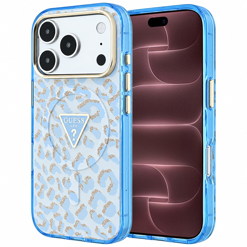 Husă Guess Leopard Glitter Triangle Logo MagSafe pentru iPhone 17 Pro Max – albastru deschis — imagine 1