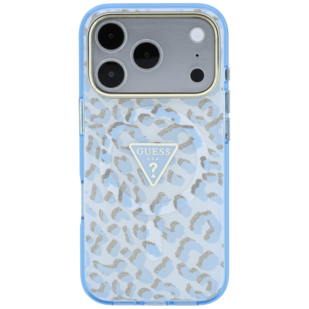 Husă Guess Leopard Glitter Triangle Logo MagSafe pentru iPhone 17 Pro Max – albastru deschis — imagine 2