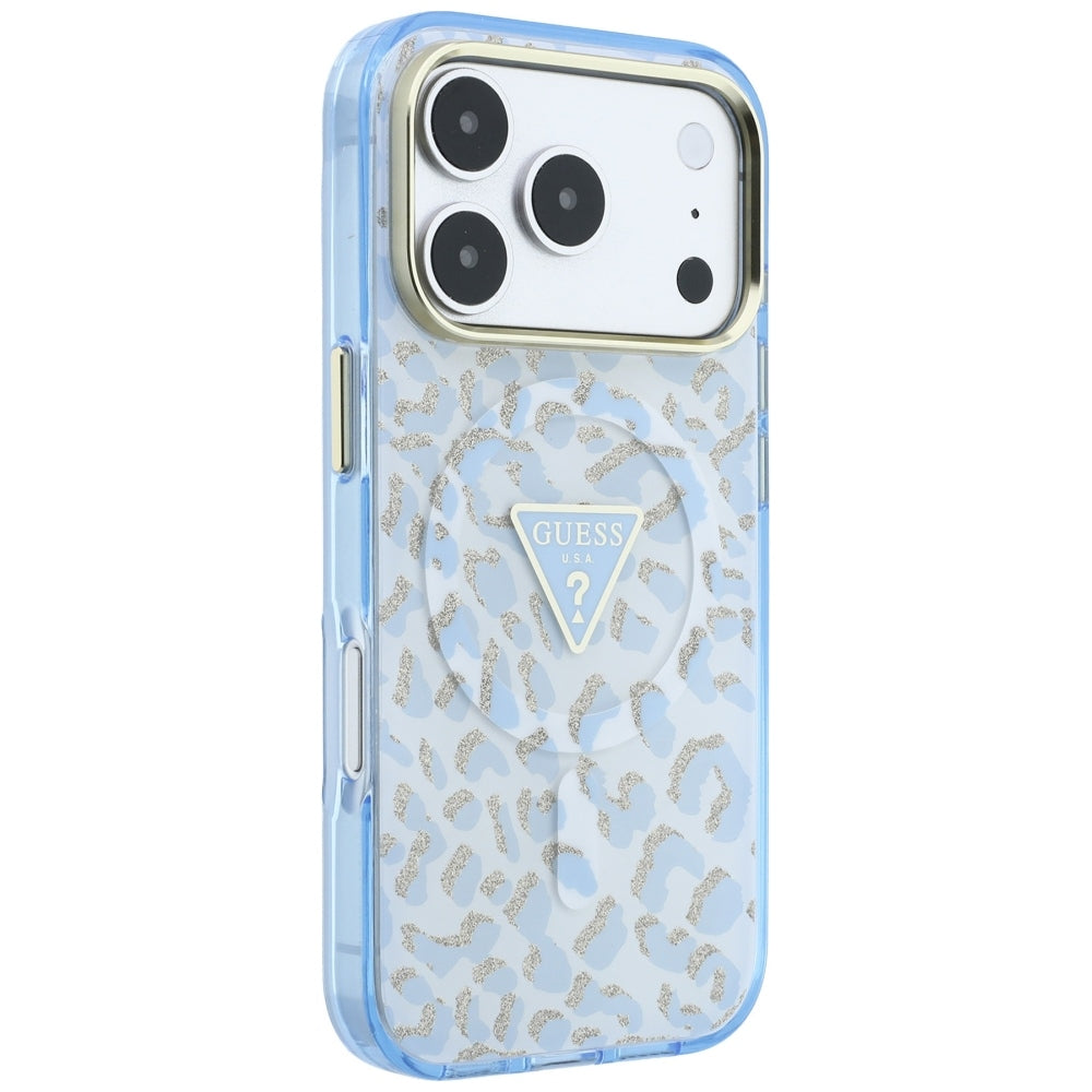 Husă Guess Leopard Glitter Triangle Logo MagSafe pentru iPhone 17 Pro Max – albastru deschis — imagine 3