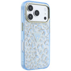 Husă Guess Leopard Glitter Triangle Logo MagSafe pentru iPhone 17 Pro Max – albastru deschis — imagine 3