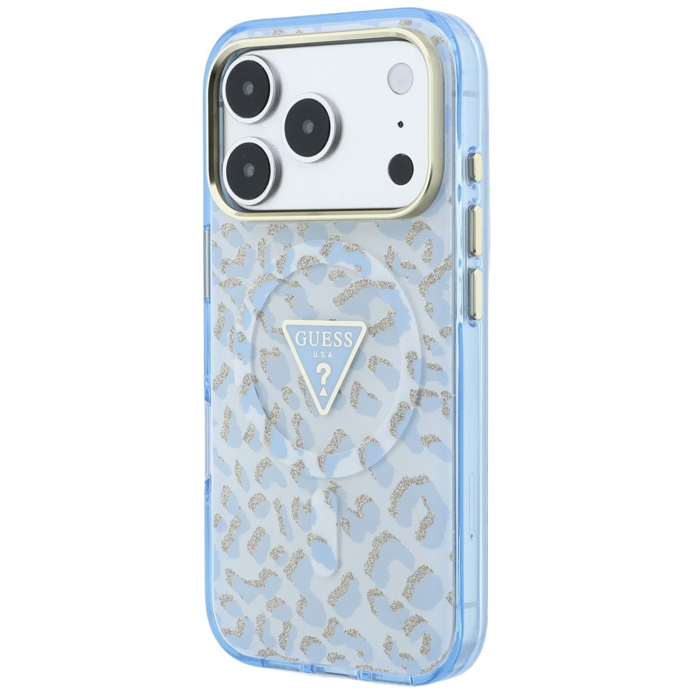 Husă Guess Leopard Glitter Triangle Logo MagSafe pentru iPhone 17 Pro Max – albastru deschis — imagine 4