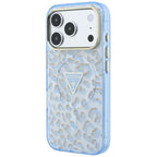 Husă Guess Leopard Glitter Triangle Logo MagSafe pentru iPhone 17 Pro Max – albastru deschis — imagine 4