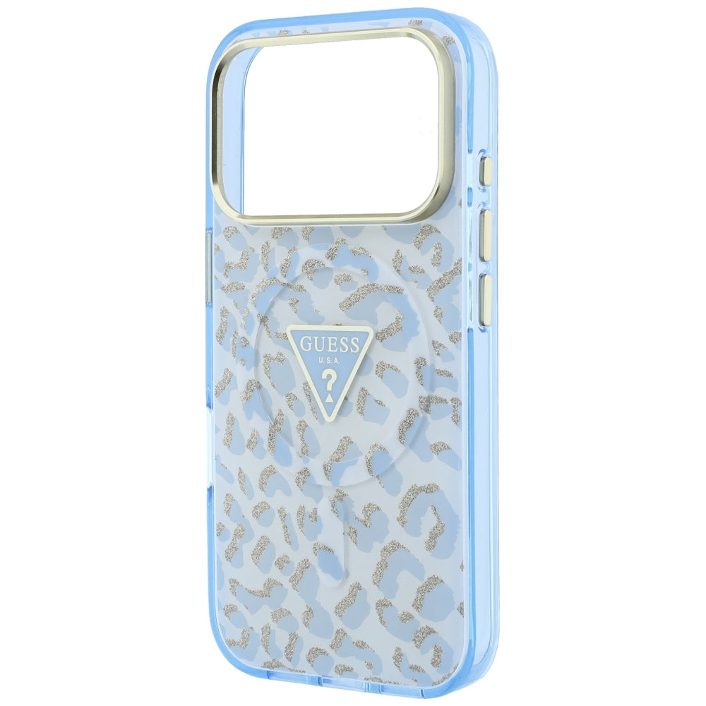 Husă Guess Leopard Glitter Triangle Logo MagSafe pentru iPhone 17 Pro Max – albastru deschis — imagine 5