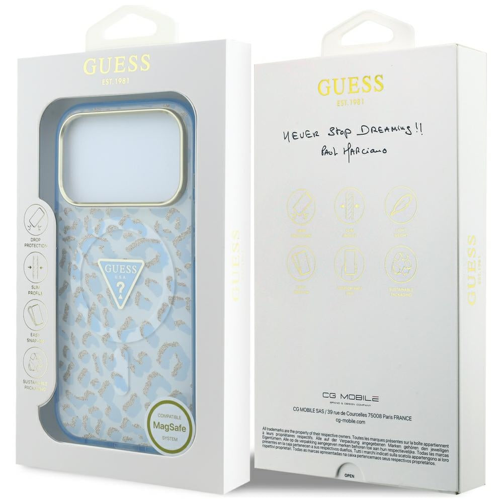 Husă Guess Leopard Glitter Triangle Logo MagSafe pentru iPhone 17 Pro Max – albastru deschis — imagine 7