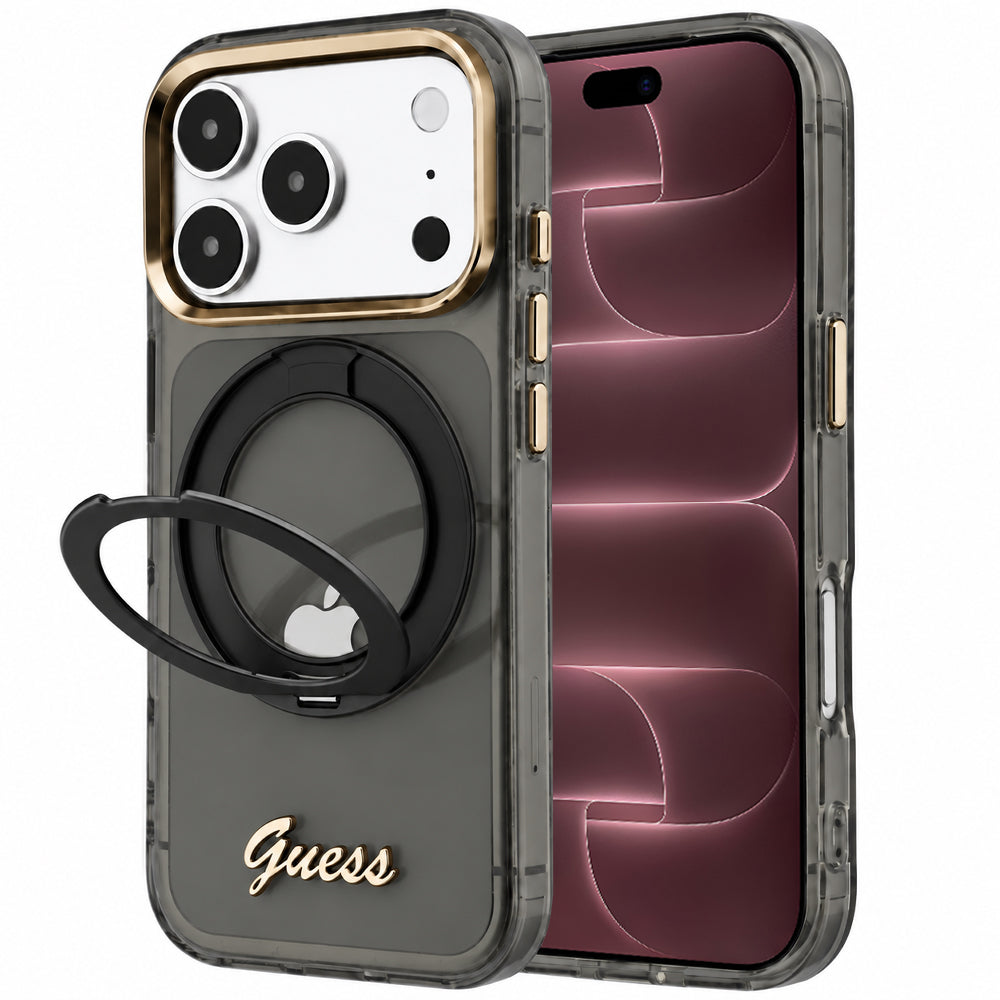 Husă Guess Ring Stand Script Metal Logo MagSafe pentru iPhone 17 Pro Max – negru — imagine 1