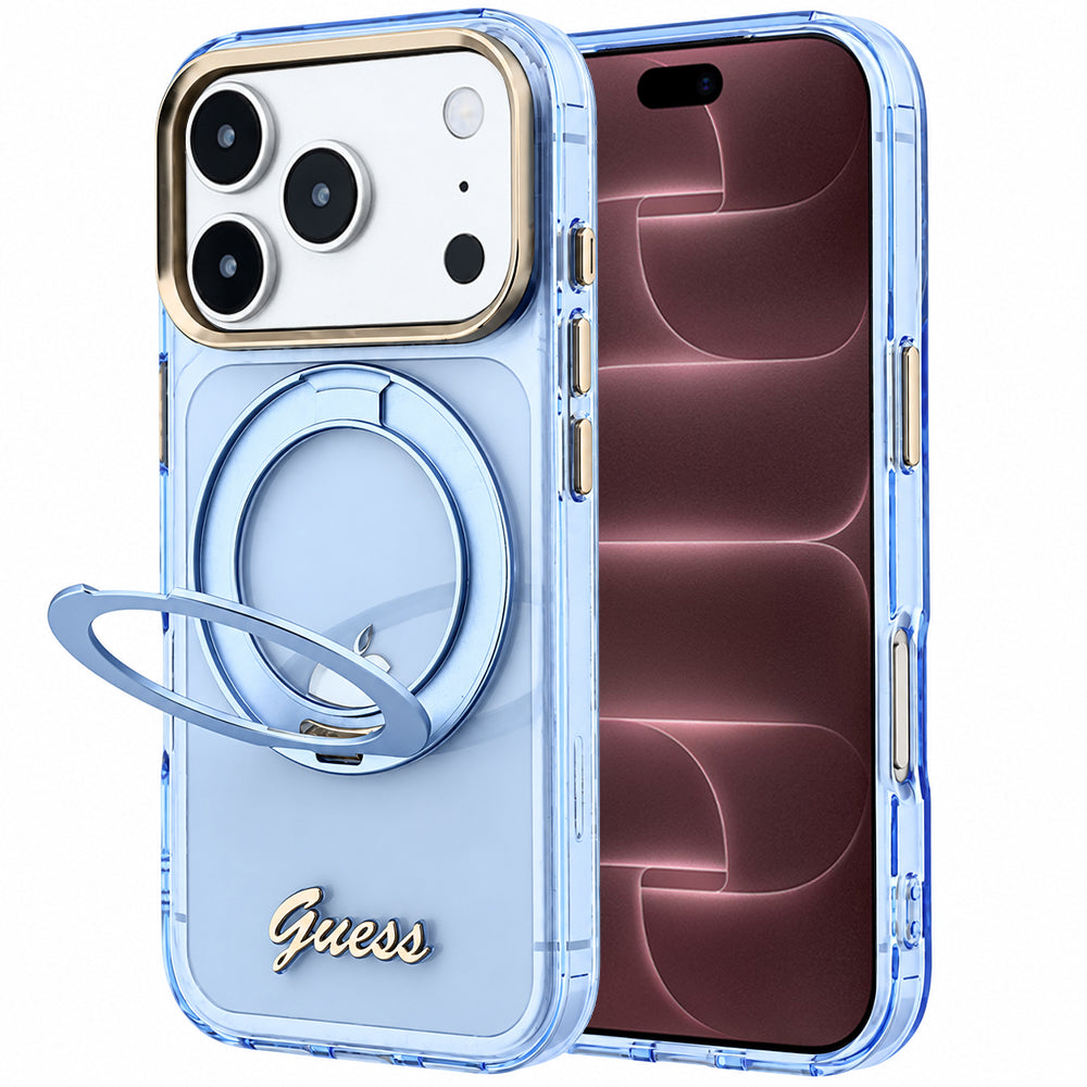 Husă Guess Ring Stand Script Metal Logo MagSafe pentru iPhone 17 Pro Max – albastru deschis — imagine 1