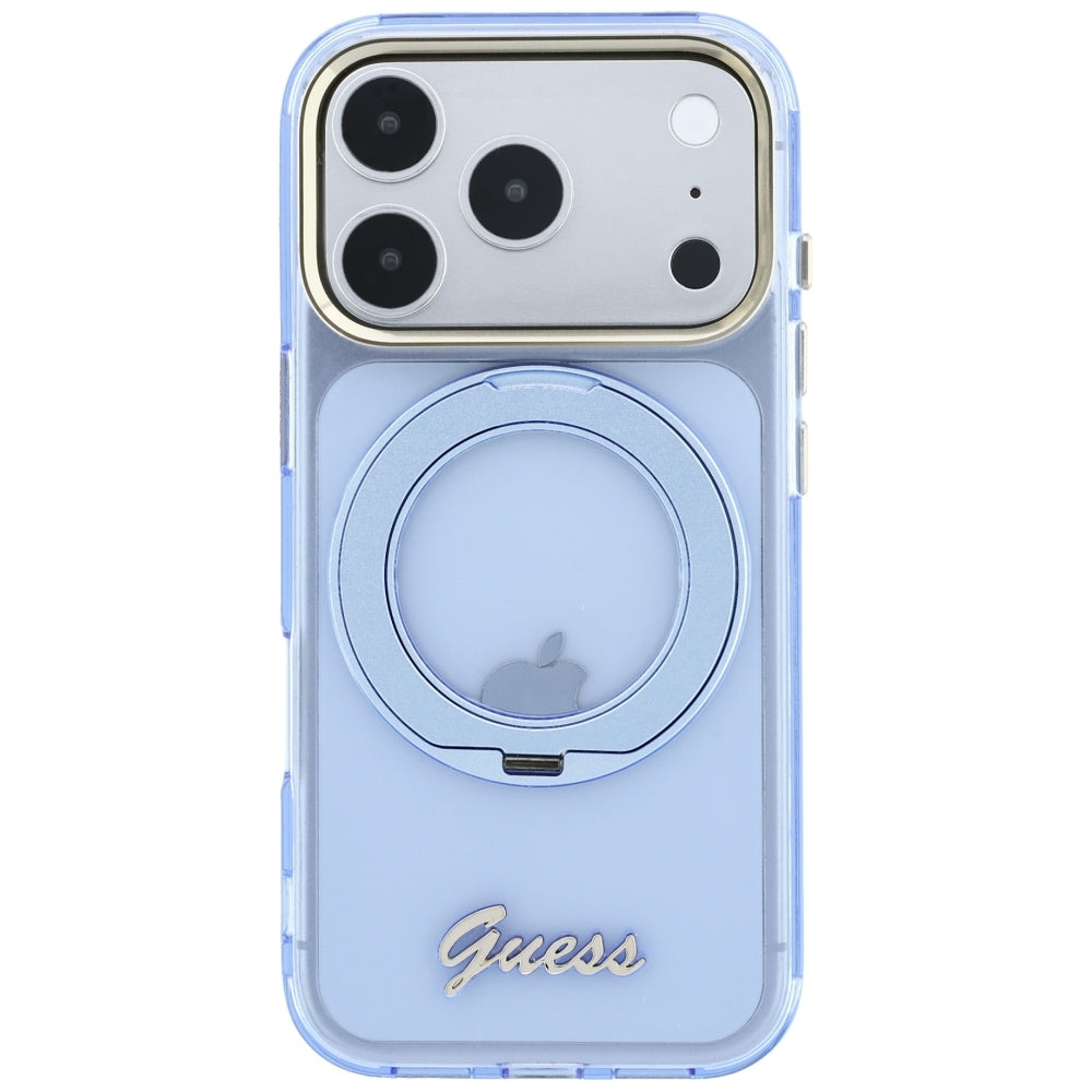 Husă Guess Ring Stand Script Metal Logo MagSafe pentru iPhone 17 Pro Max – albastru deschis — imagine 3