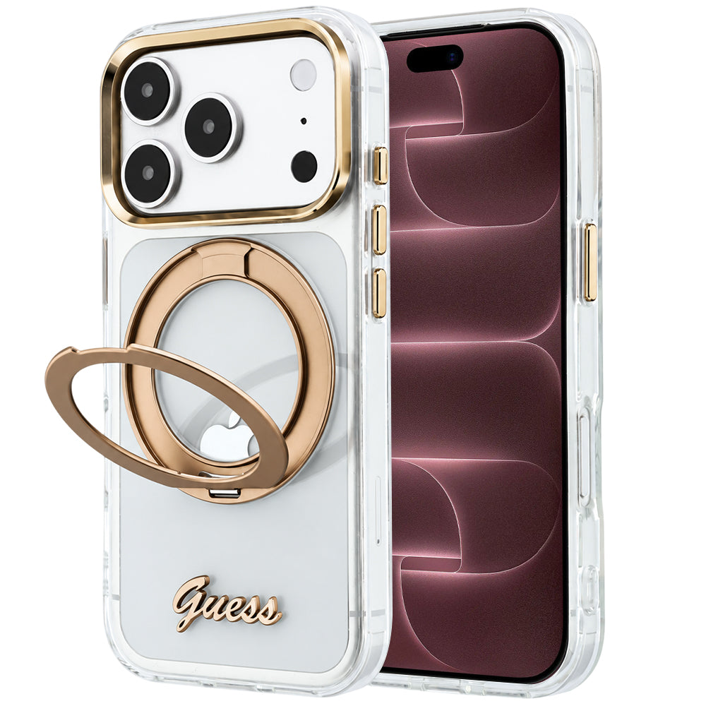 Husă Guess Ring Stand Script Metal Logo MagSafe pentru iPhone 17 Pro Max – transparent — imagine 1