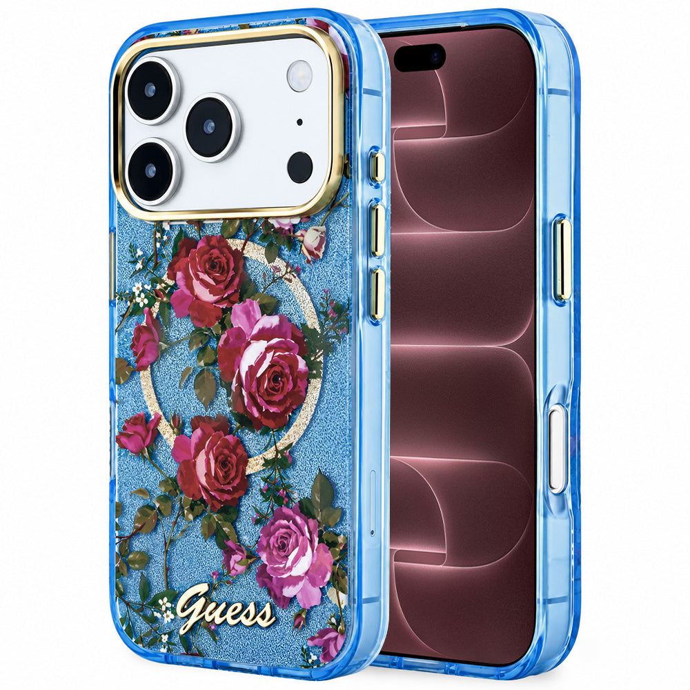 Husă Guess IML Glitter Blossom Roses MagSafe pentru iPhone 17 Pro Max – albastru deschis — imagine 1