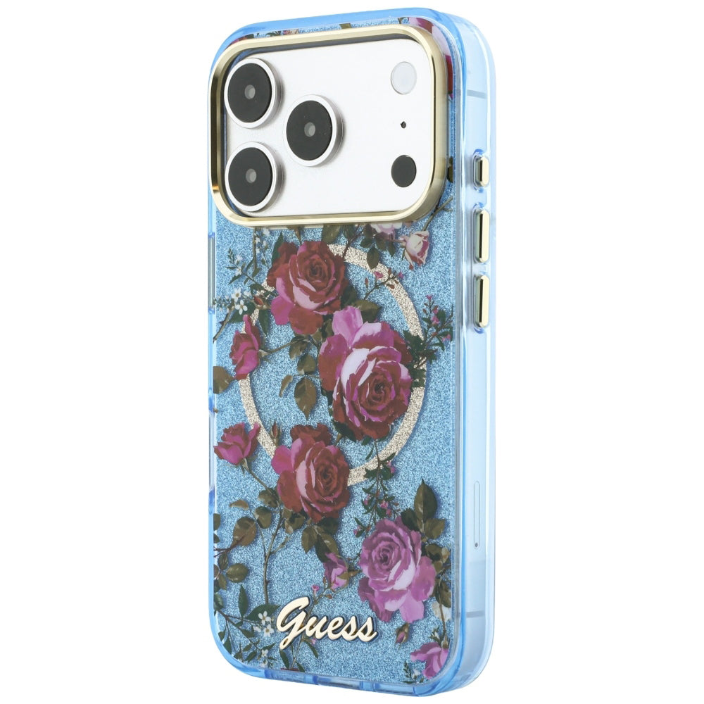 Husă Guess IML Glitter Blossom Roses MagSafe pentru iPhone 17 Pro Max – albastru deschis — imagine 4