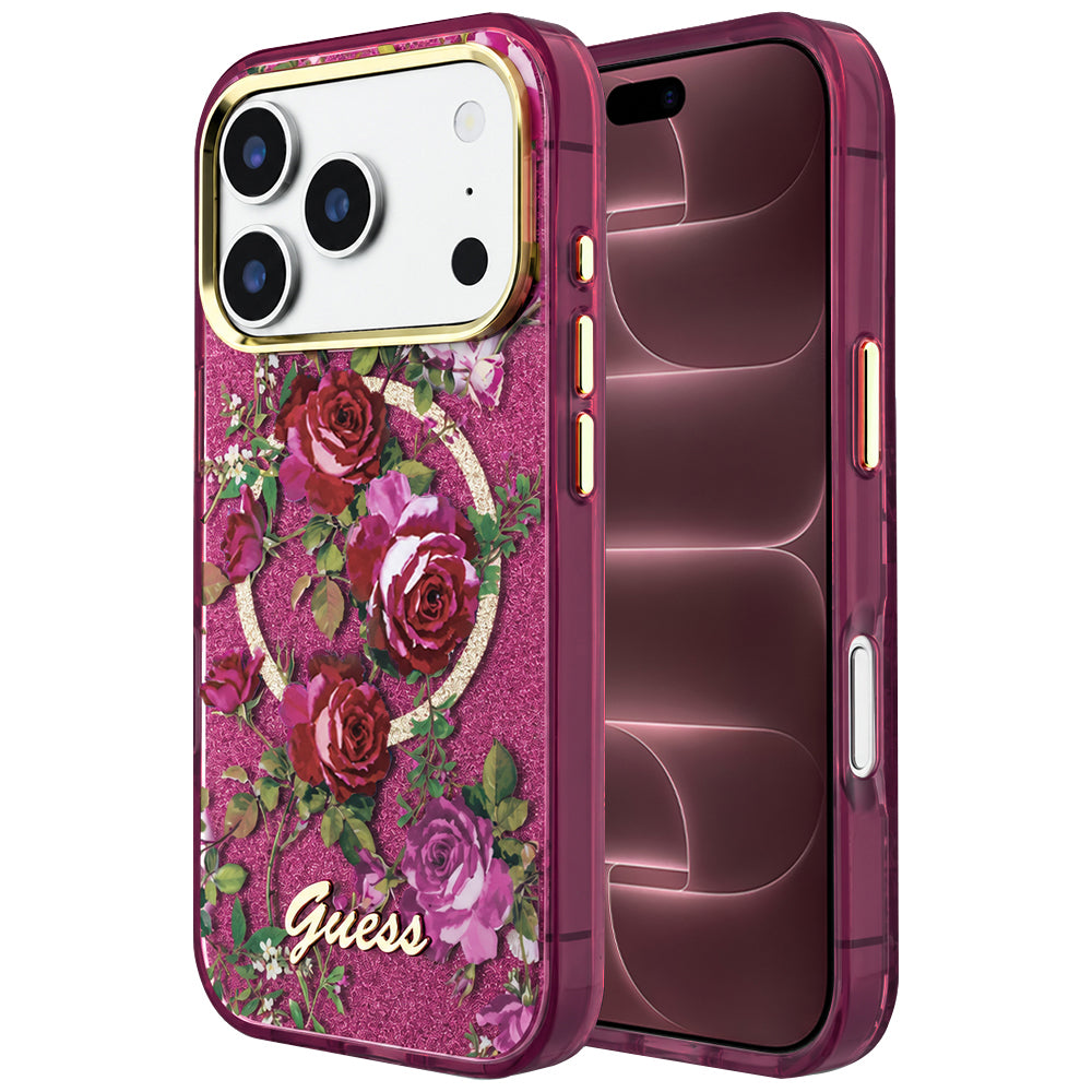 Husă Guess IML Glitter Blossom Roses MagSafe pentru iPhone 17 Pro Max – burgundy — imagine 1