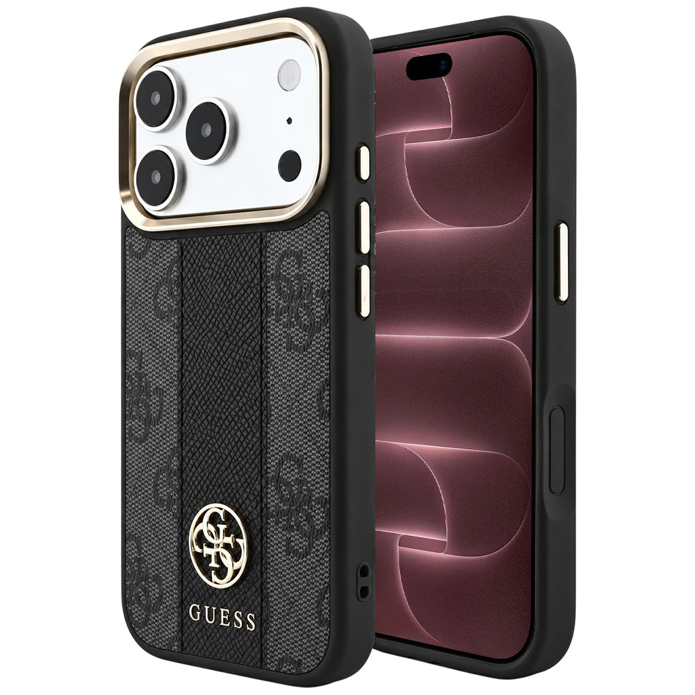 Husă Guess Leather 4G Stripe Round Classic Logo MagSafe pentru iPhone 17 Pro Max – negru — imagine 1