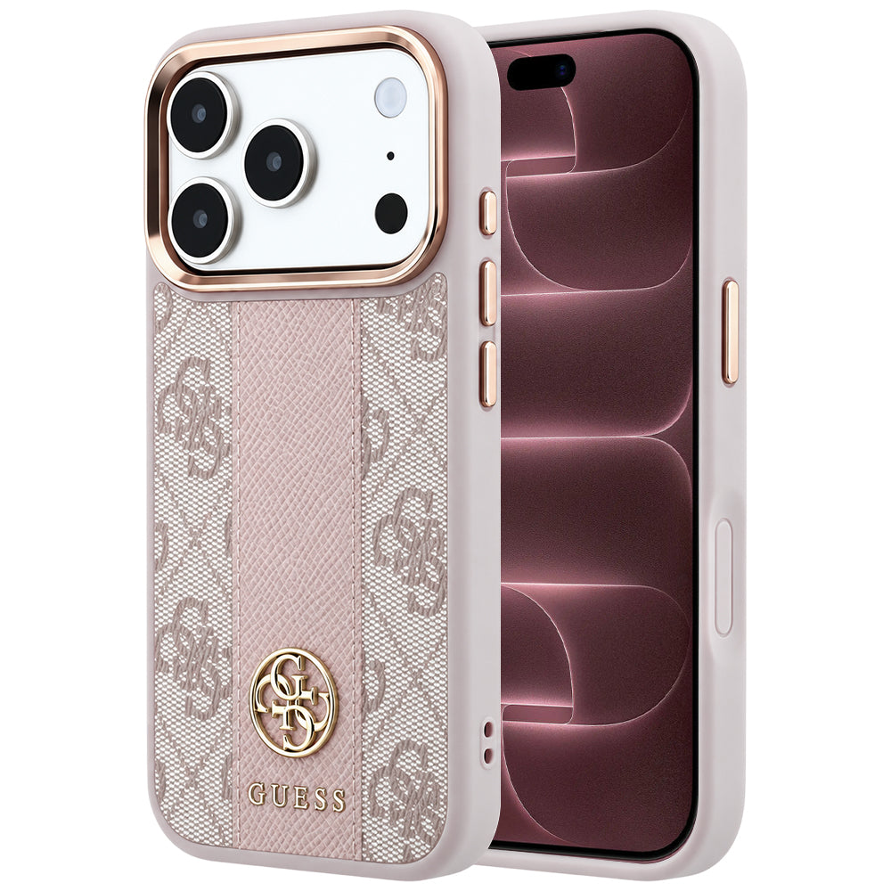 Husă Guess Leather 4G Stripe Round Classic Logo MagSafe pentru iPhone 17 Pro Max – roz — imagine 1