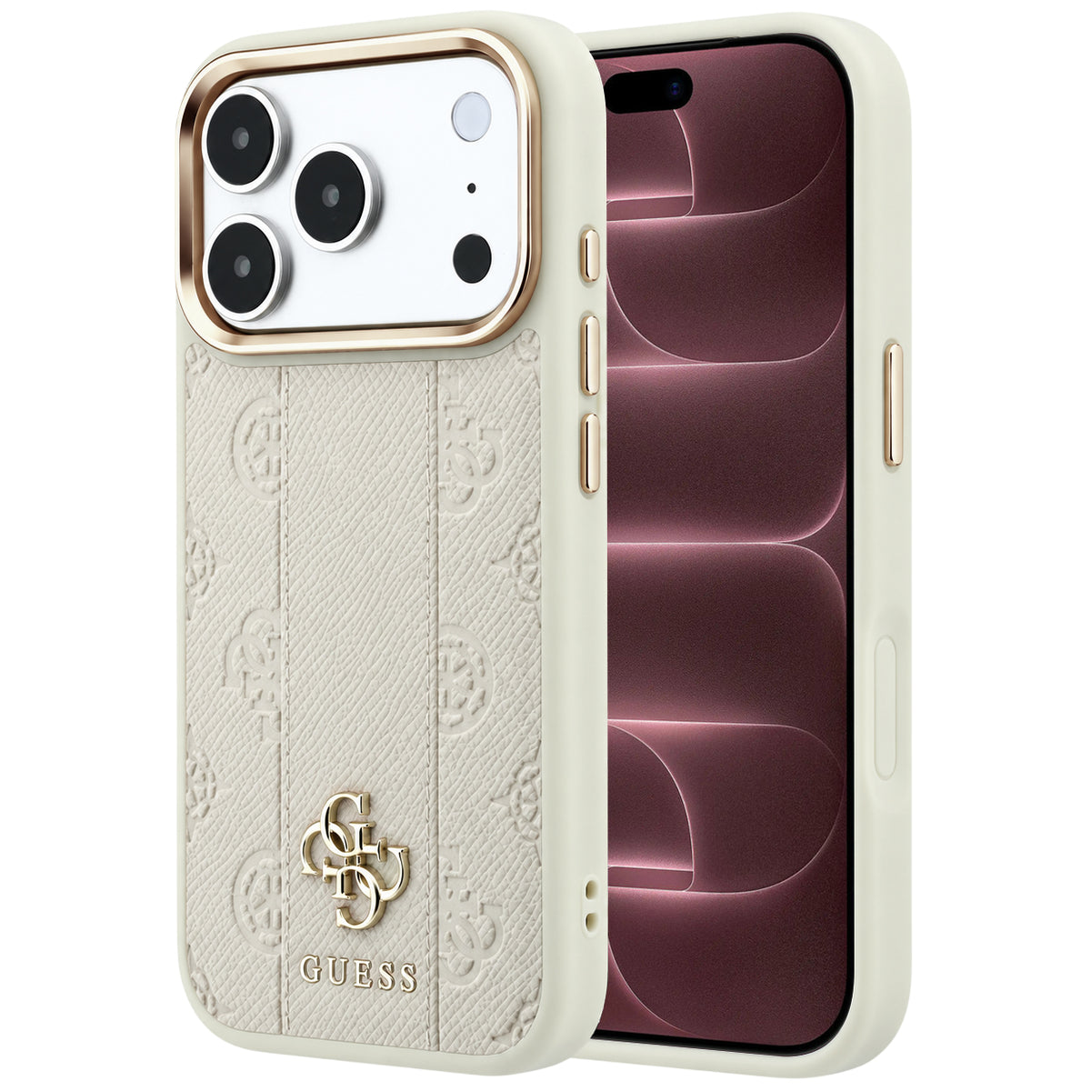 Husă Guess Leather Stripe Peony 4G MagSafe pentru iPhone 17 Pro Max – bej — imagine 1