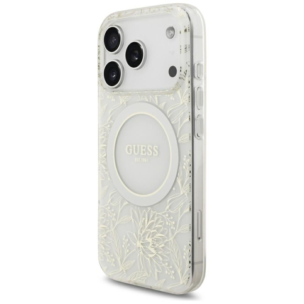 Husă Guess IML Flowers Electroplated with Pearl Strap MagSafe pentru iPhone 17 Pro Max – alb — imagine 3