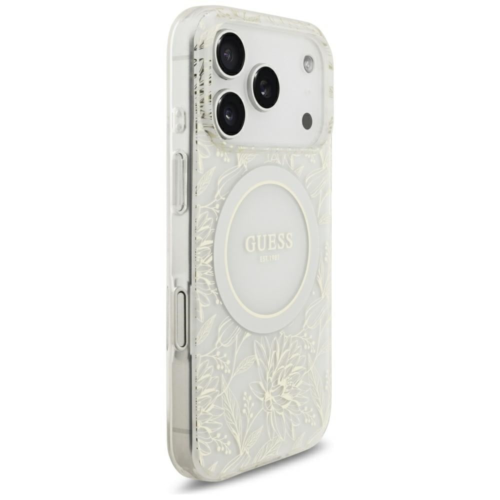Husă Guess IML Flowers Electroplated with Pearl Strap MagSafe pentru iPhone 17 Pro Max – alb — imagine 4