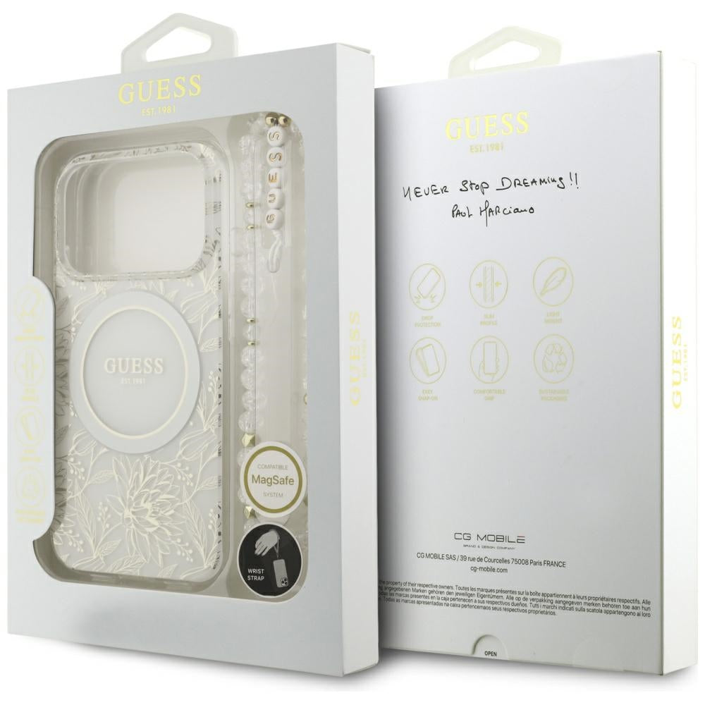Husă Guess IML Flowers Electroplated with Pearl Strap MagSafe pentru iPhone 17 Pro Max – alb — imagine 7
