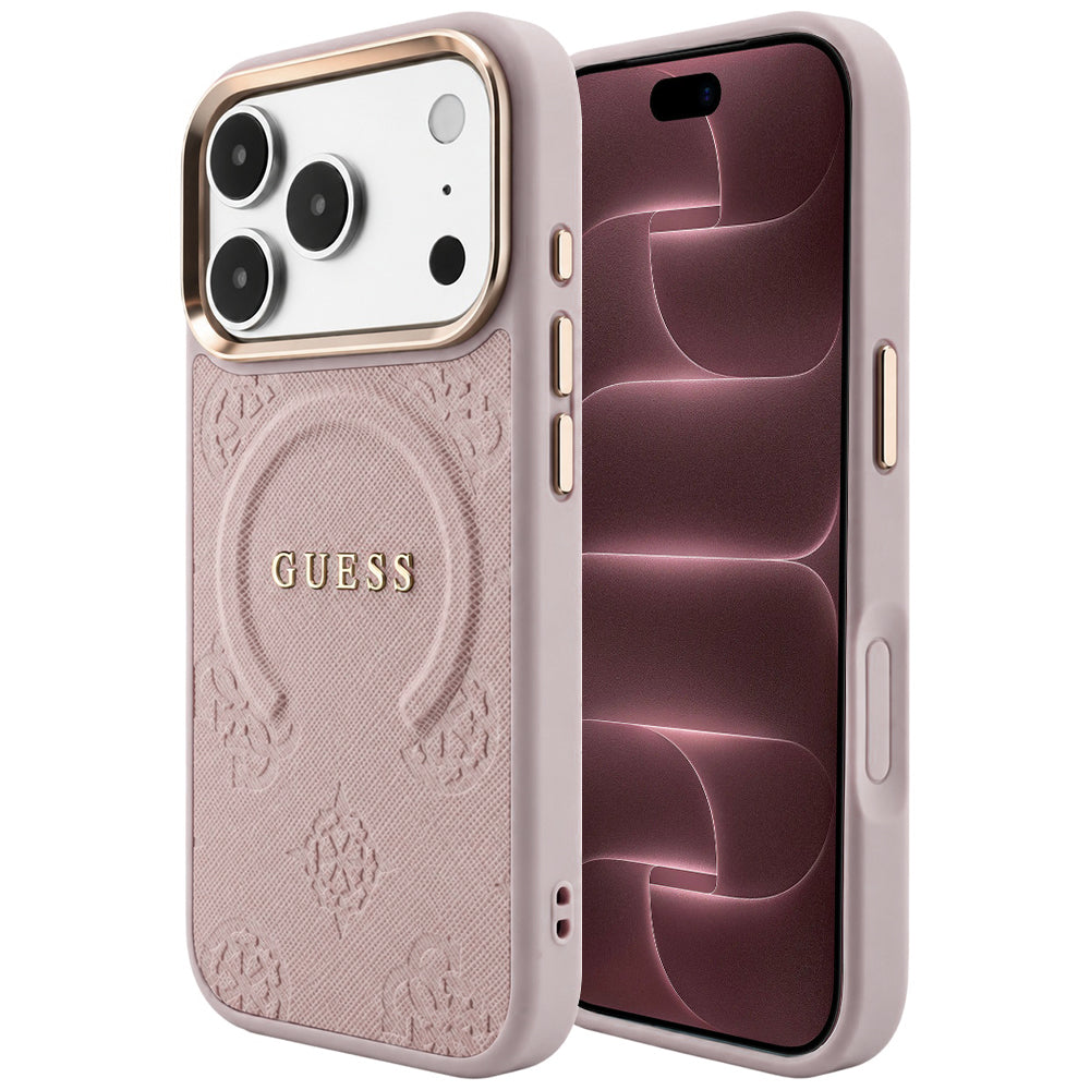 Husă Guess Saffiano Peony & Ring MagSafe pentru iPhone 17 Pro Max – roz — imagine 1
