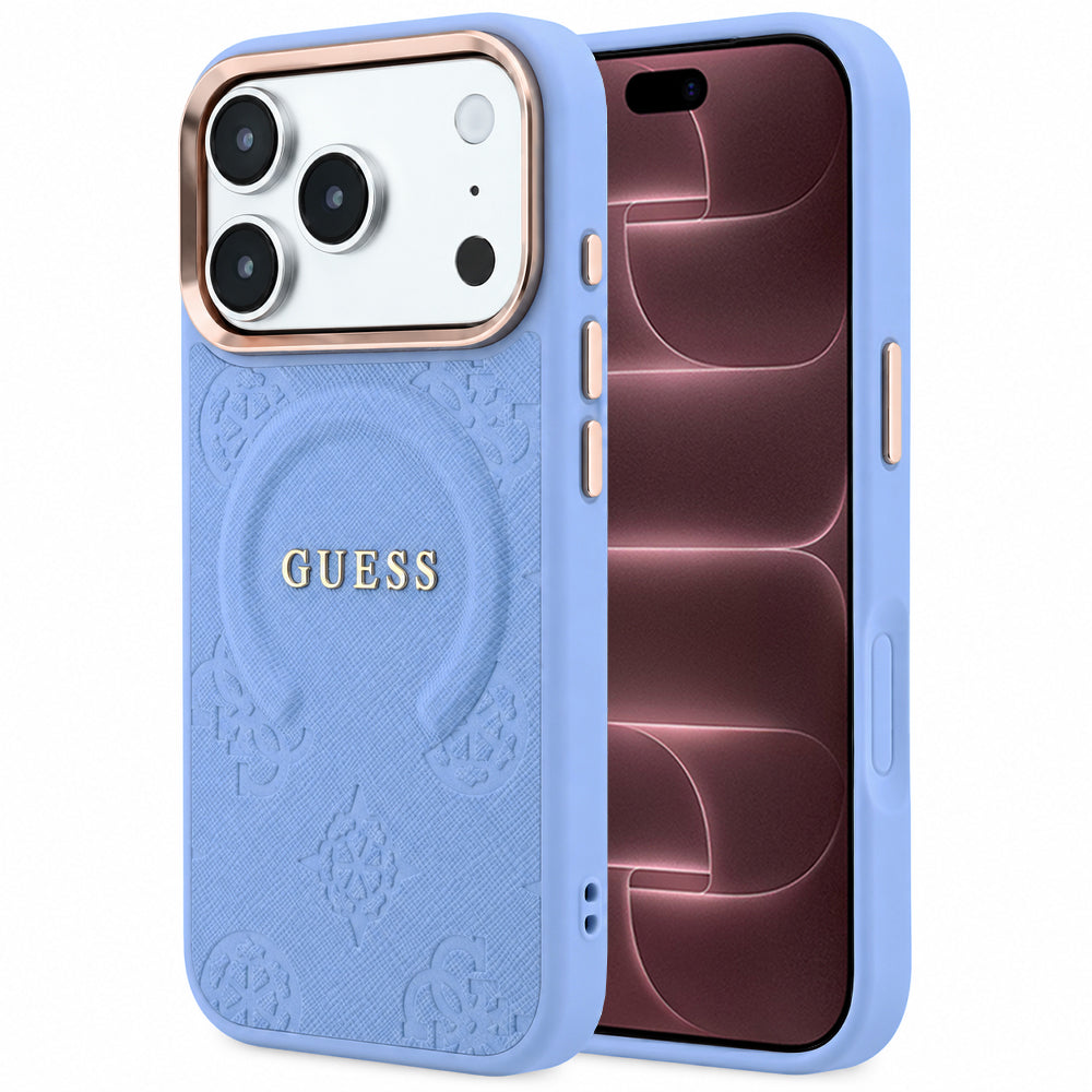 Husă Guess Saffiano Peony & Ring MagSafe pentru iPhone 17 Pro Max – albastru deschis — imagine 1