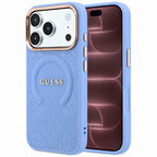 Husă Guess Saffiano Peony & Ring MagSafe pentru iPhone 17 Pro Max – albastru deschis — imagine 1