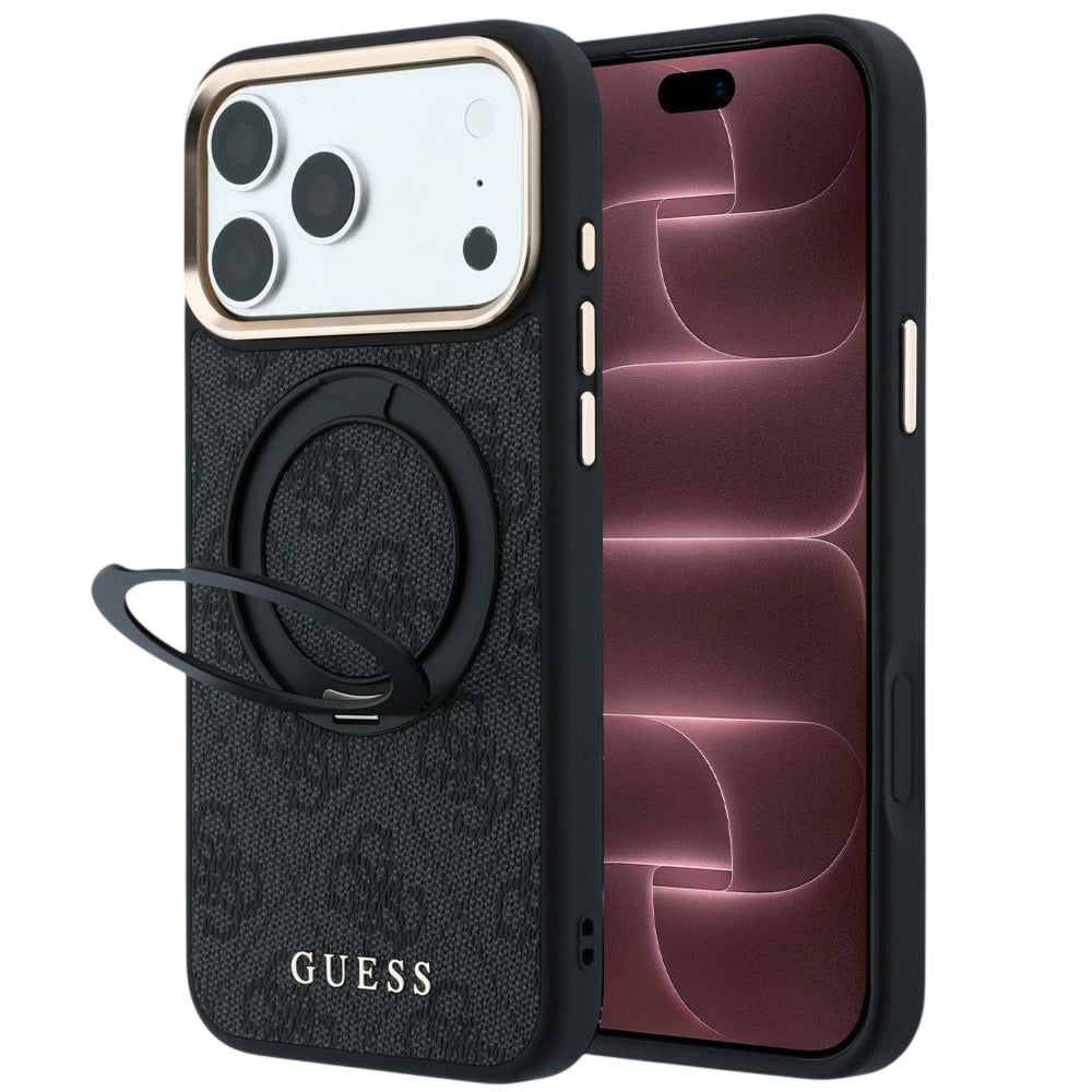 Husă Guess Ring Stand 360 4G Leather Classic Logo MagSafe pentru iPhone 17 Pro Max – negru — imagine 1