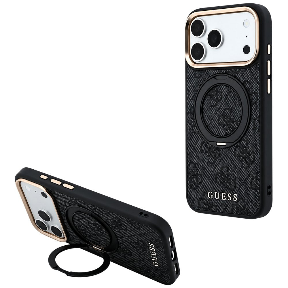 Husă Guess Ring Stand 360 4G Leather Classic Logo MagSafe pentru iPhone 17 Pro Max – negru — imagine 2