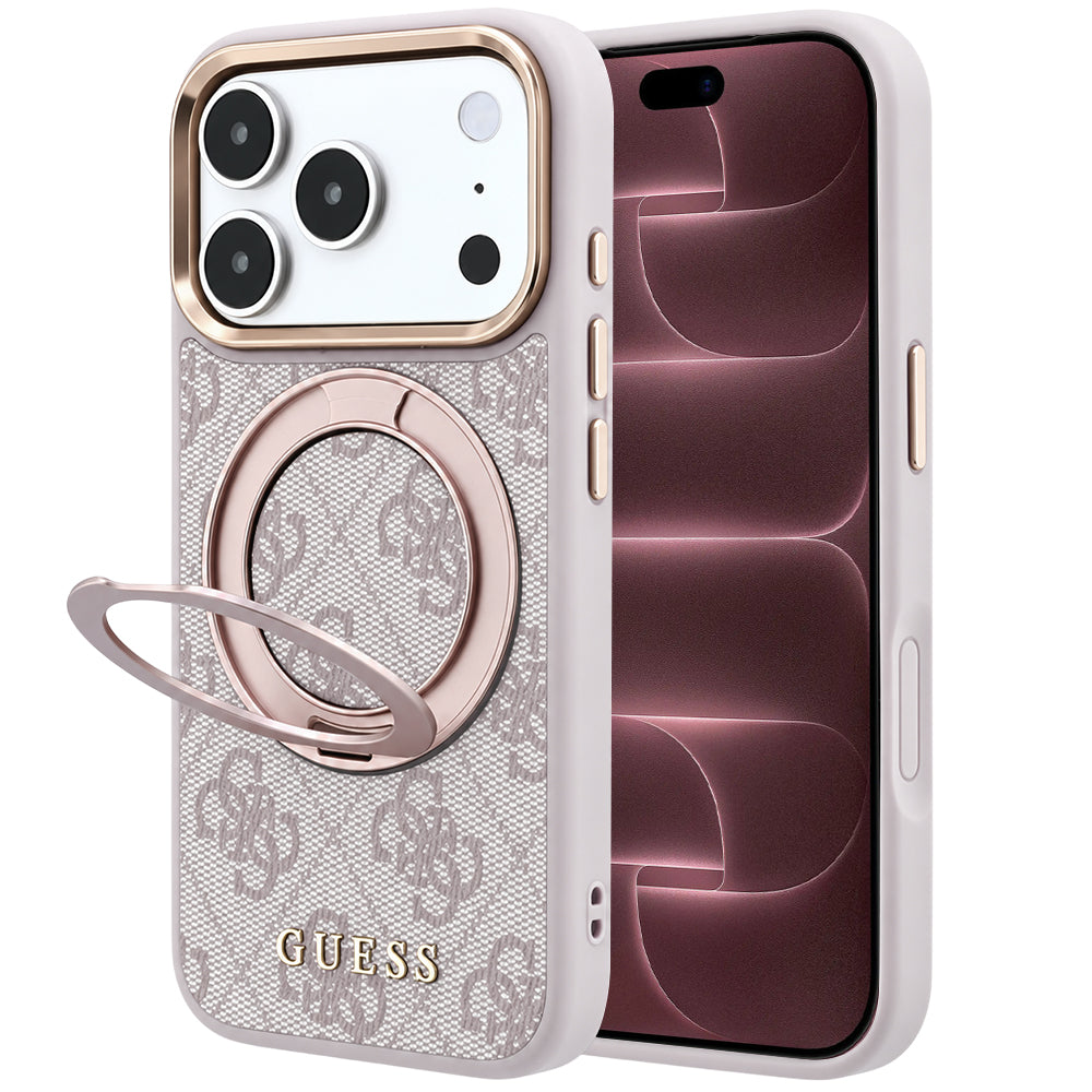 Husă Guess Ring Stand 360 4G Leather Classic Logo MagSafe pentru iPhone 17 Pro Max – roz — imagine 1