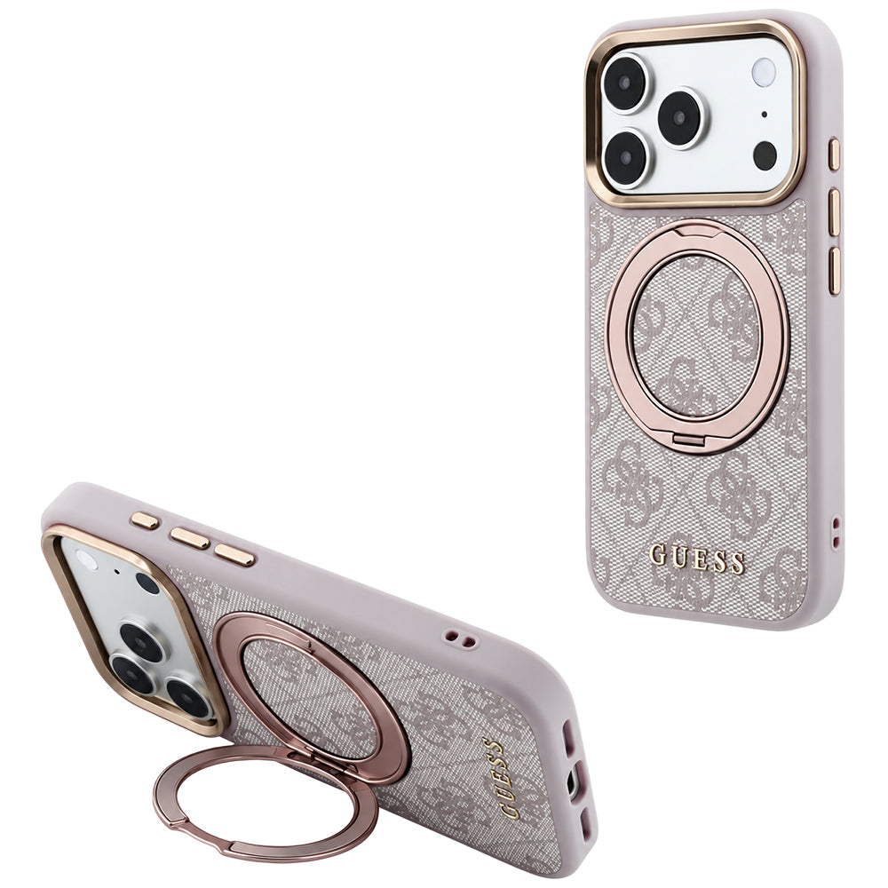Husă Guess Ring Stand 360 4G Leather Classic Logo MagSafe pentru iPhone 17 Pro Max – roz — imagine 2