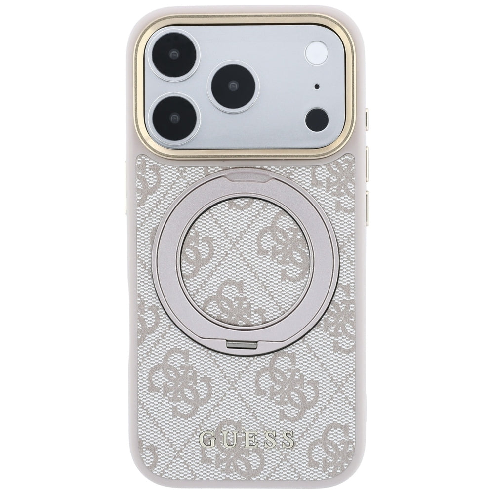 Husă Guess Ring Stand 360 4G Leather Classic Logo MagSafe pentru iPhone 17 Pro Max – roz — imagine 3