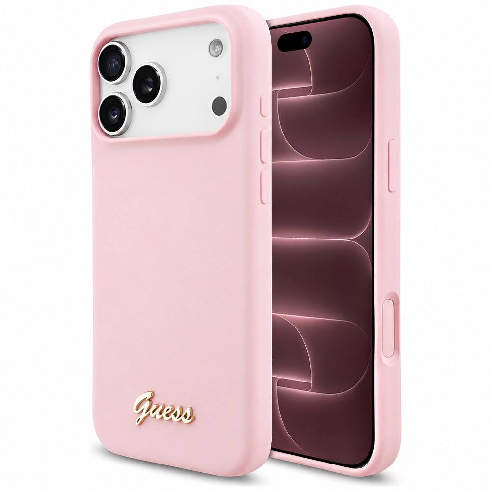 Husă Guess Silicone Script Metal Logo MagSafe pentru iPhone 17 Pro Max – roz — imagine 1