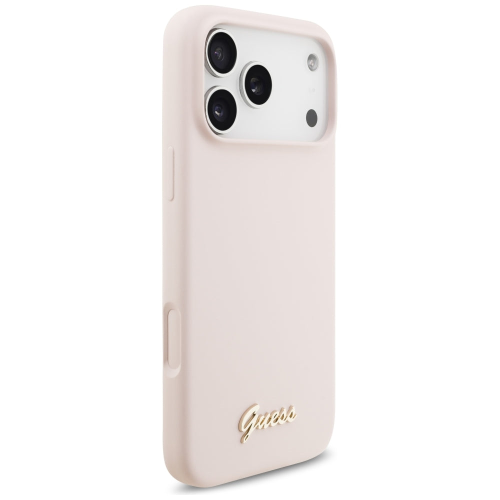 Husă Guess Silicone Script Metal Logo MagSafe pentru iPhone 17 Pro Max – roz — imagine 3