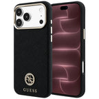 Husă Guess Grained Leather Round Strass Logo MagSafe pentru iPhone 17 Pro Max – negru — imagine 1