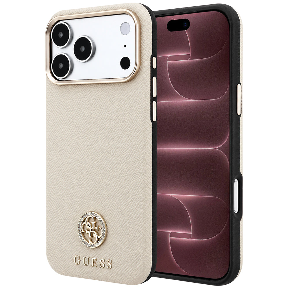 Husă Guess Grained Leather Round Strass Logo MagSafe pentru iPhone 17 Pro Max – bej — imagine 1