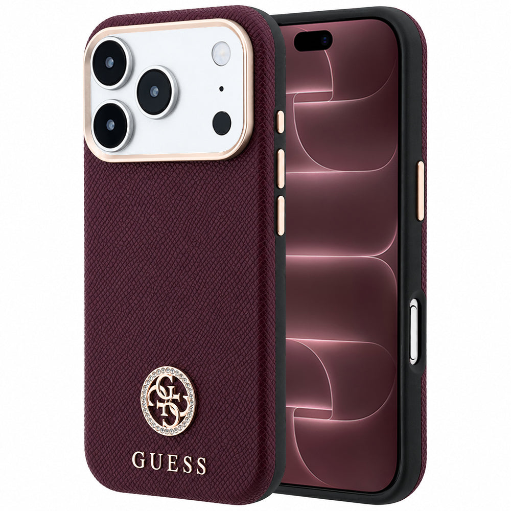 Husă Guess Grained Leather Round Strass Logo MagSafe pentru iPhone 17 Pro Max – burgundy — imagine 1